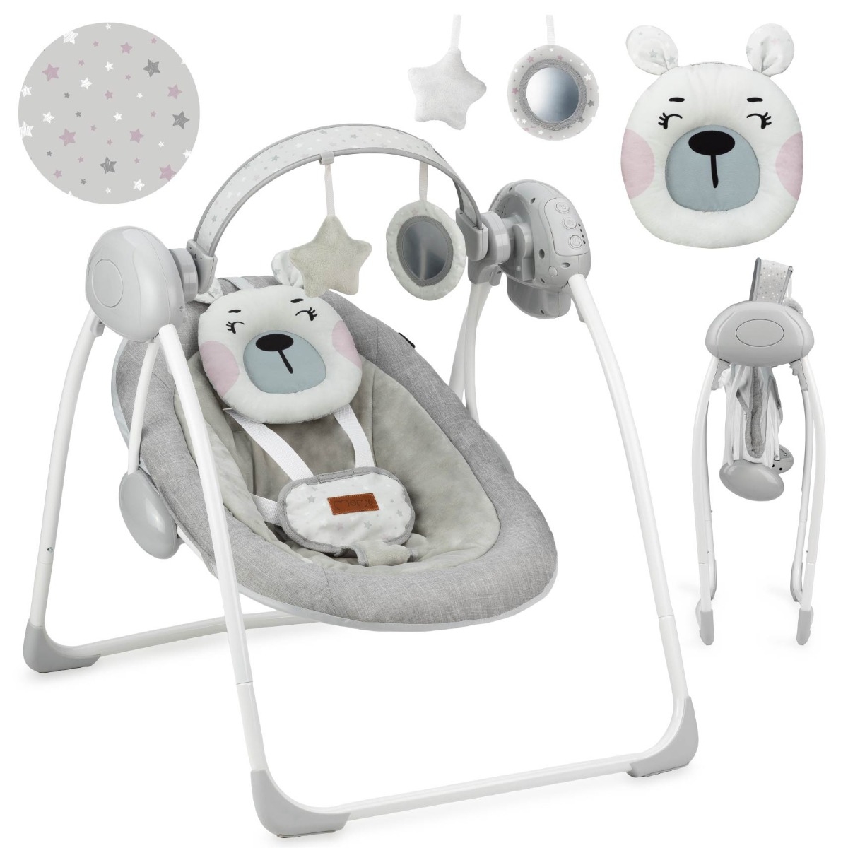 Leagan pentru bebelusi, MoMi LISS Bear Pink, 5 viteze de balansare, Cronometru, Alimentare baterii, 8 melodii, 2 jucarii incluse, Centura in 5 puncte