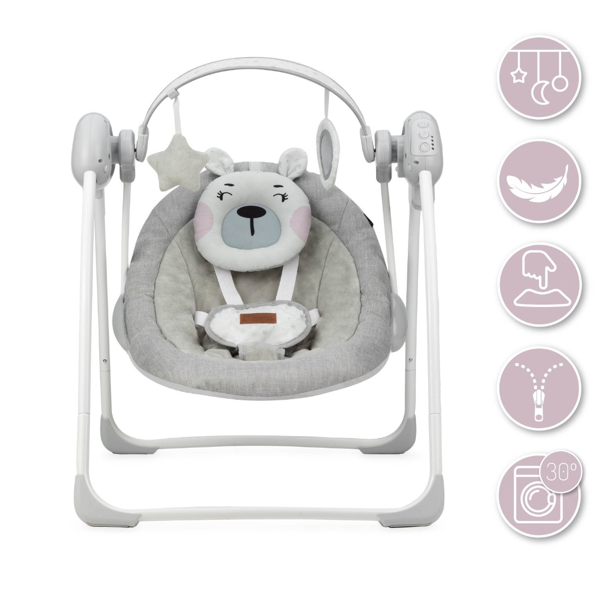 Leagan pentru bebelusi, MoMi LISS Bear Pink, 5 viteze de balansare, Cronometru, Alimentare baterii, 8 melodii, 2 jucarii incluse, Centura in 5 puncte