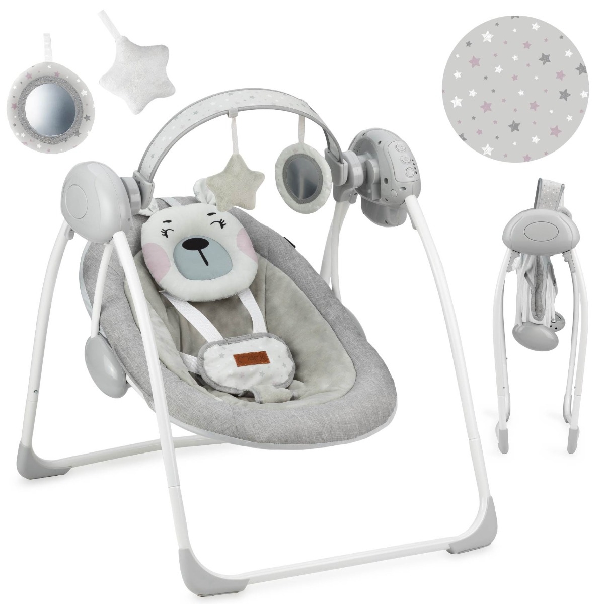 Leagan pentru bebelusi, MoMi LISS Bear Pink, 5 viteze de balansare, Cronometru, Alimentare baterii, 8 melodii, 2 jucarii incluse, Centura in 5 puncte