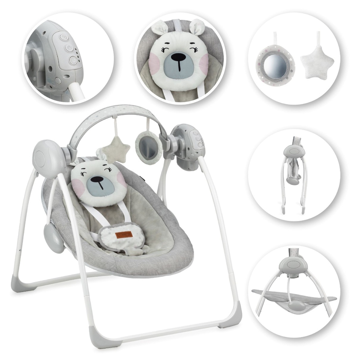 Leagan pentru bebelusi, MoMi LISS Bear Pink, 5 viteze de balansare, Cronometru, Alimentare baterii, 8 melodii, 2 jucarii incluse, Centura in 5 puncte