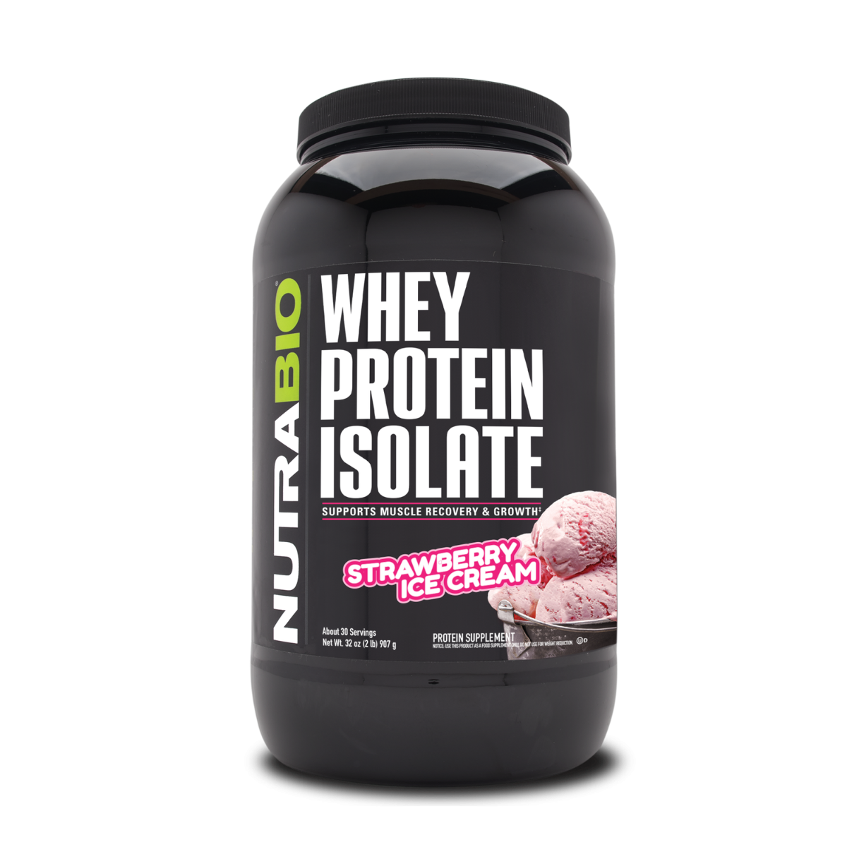 Izolat proteic din zer cu aroma de inghetata cu capsuni Nutrabio, 907 g, GNC
