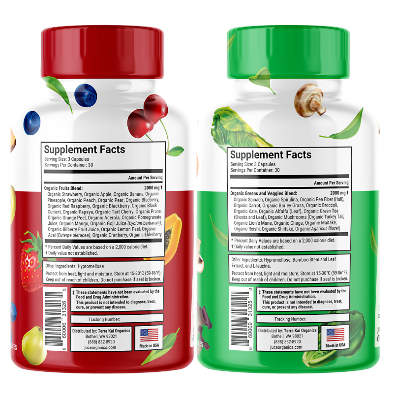 Complex de fructe si legume organice Terra Kai Organics Juce, 180 capsule, GNC