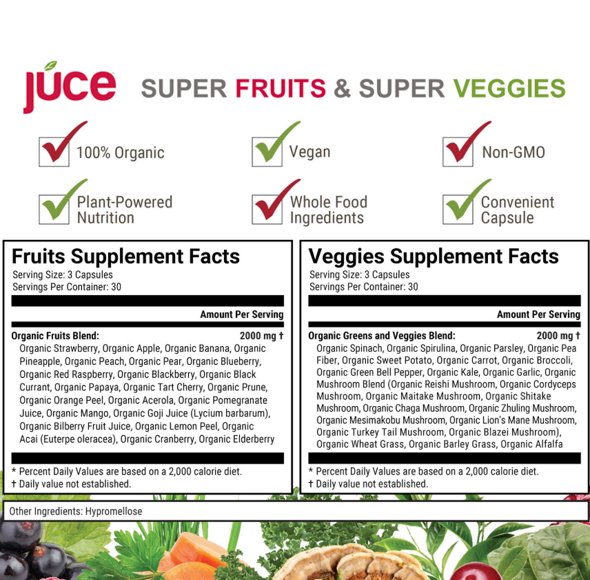 Complex de fructe si legume organice Terra Kai Organics Juce, 180 capsule, GNC