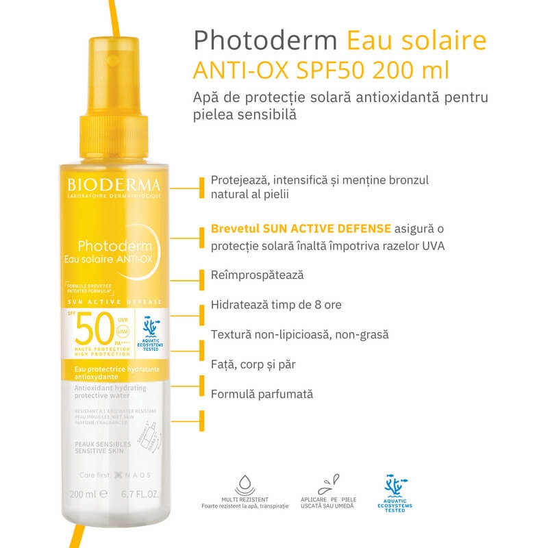 Apa cu protectie solara SPF 50 Photoderm Anti-Ox, 200 ml, Bioderma
