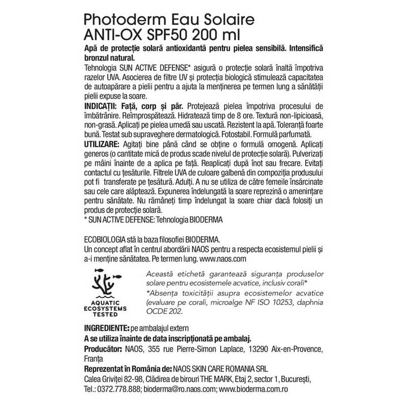 Apa cu protectie solara SPF 50 Photoderm Anti-Ox, 200 ml, Bioderma