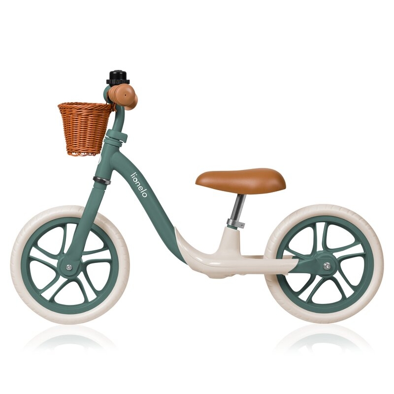 Bicicleta fara pedale, Lionelo, Alex Plus, Usoara, Cu ghidon si sa reglabile, Include cos depozitare si sonerie, Din otel, Cu roti din spuma EVA, 12 inch, Green Forest