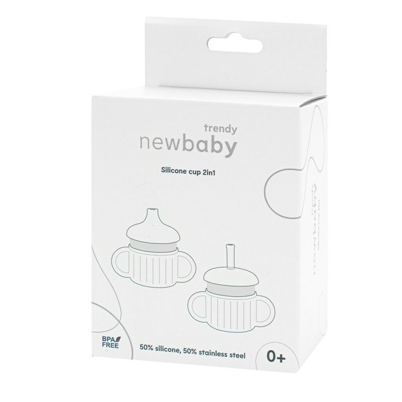 Canuta, New Baby, Cu manere si gura de scurgere care poate fi folosita de sine statatoare sau cu pai, 50% silicon, 50% otel inoxidabil, Fara BPA, 0 luni+, Beige