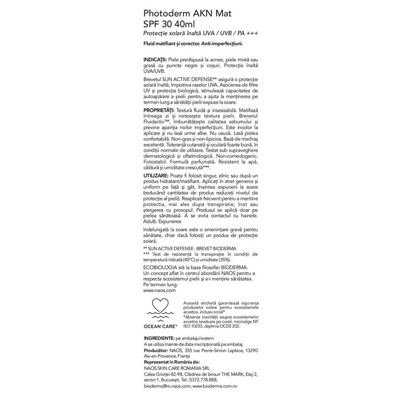 Fluid matifiant si corector Akn Mat SPF30 Photoderm, 40 ml, Bioderma
