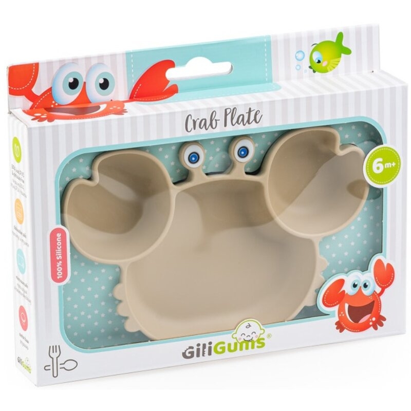 Farfurie, Giligums, Crab, Cu 3 compartimente, Cu ventuza, Din silicon, Fara BPA, 6 luni+, Bej