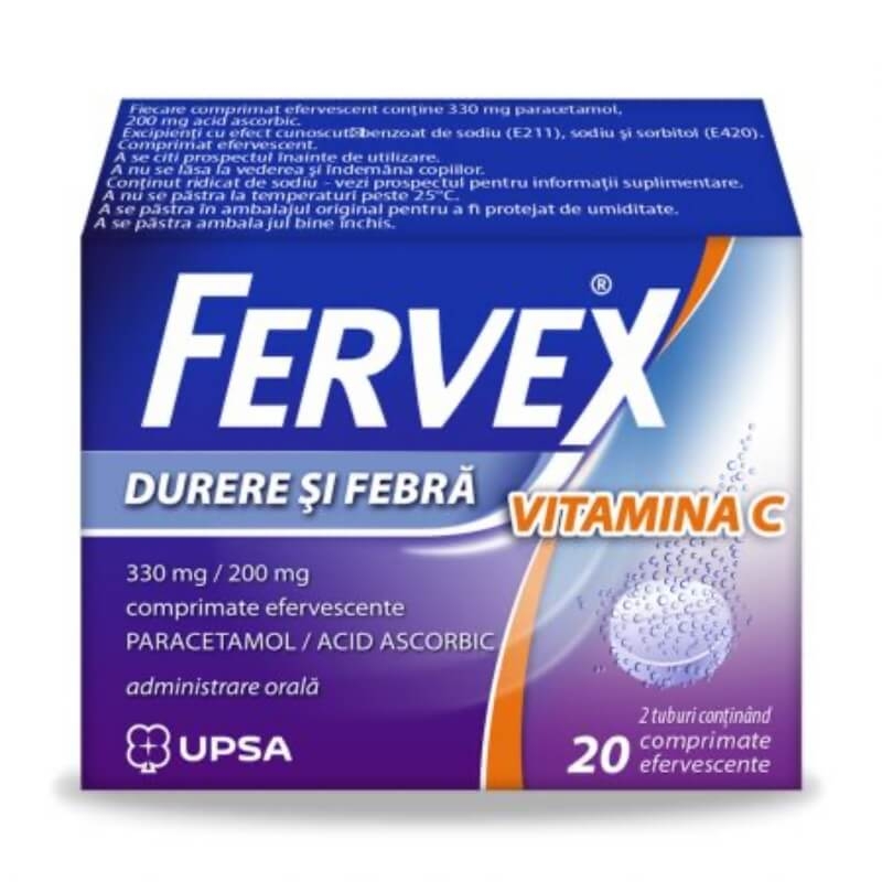 Fervex Durere si Febra Vitamina C, 330 mg/200 mg, 20 comprimate efervescente, Upsa