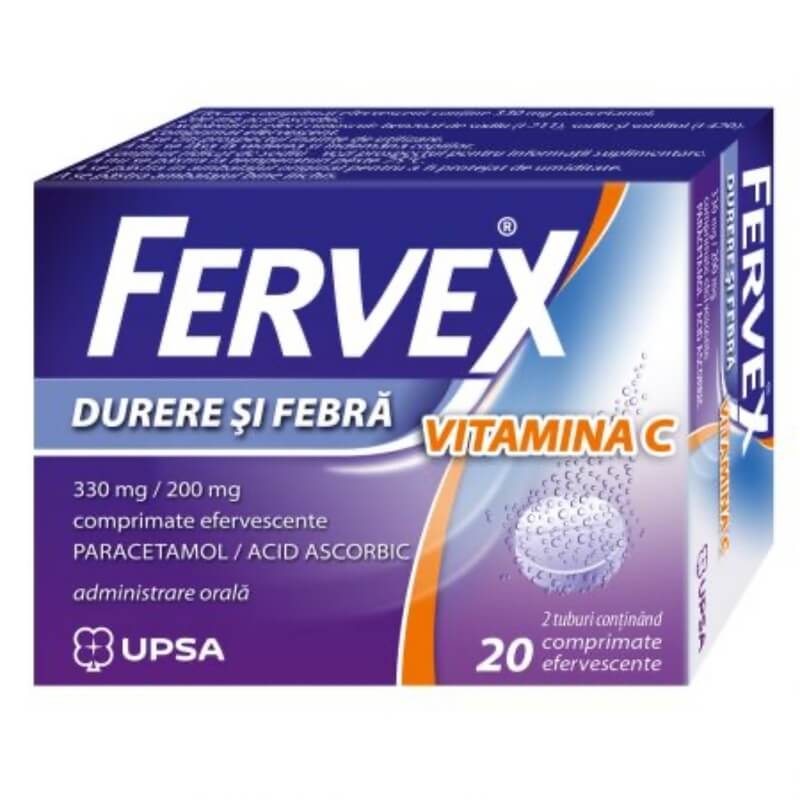 Fervex Durere si Febra Vitamina C, 330 mg/200 mg, 20 comprimate efervescente, Upsa