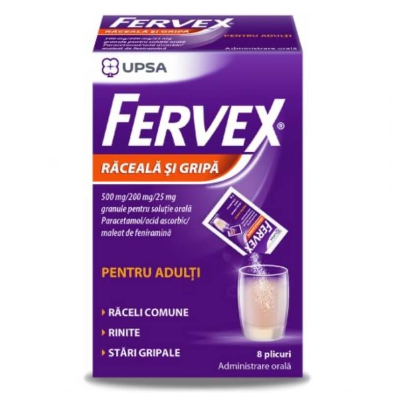 Fervex Raceala si Gripa pentru adulti, 500mg/200mg/25mg, 8 plicuri, UPSA