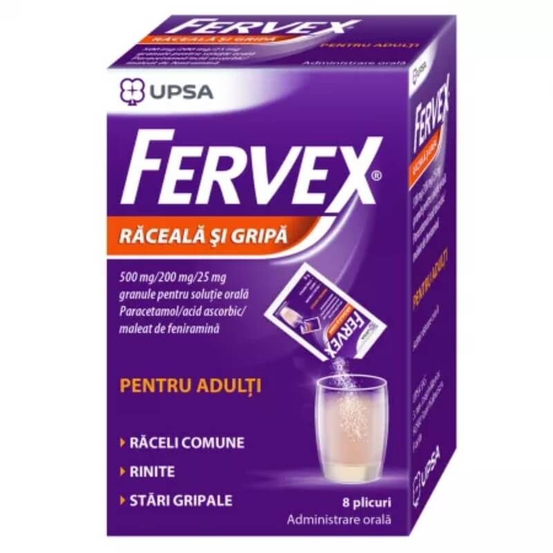Fervex Raceala si Gripa pentru adulti, 500mg/200mg/25mg, 8 plicuri, UPSA