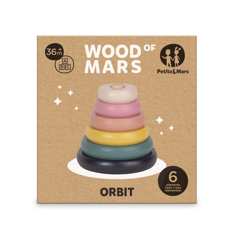 Jucarie de stivuire, Petite&Mars, Turn Orbit Wood of Mars, 10 cm, 36 luni+, Multicolor