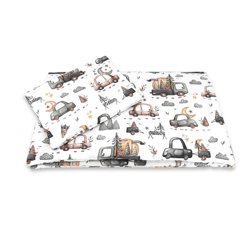Lenjerie patut cu 3 piese, MimiNu, Cu cearceaf 120x60 cm, Pilota, Pernuta, Din bumbac certificat Oeko Tex Standard 100, Design, Cars Grey