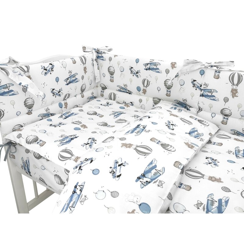 Lenjerie patut cu 3 piese, MimiNu, Pentru patut 120x60 cm, Cu protectie laterala, Din bumbac certificat Oeko Tex Standard 100, Blue Plane