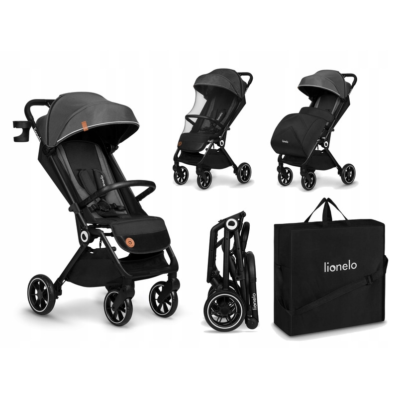 Lionelo - Carucior sport Cloe, De la nastere, Cu accesorii, Cadru din aluminiu, 0-22 kg, Usor, Pliabil cu o singura mana, Ideal pentru toate tipurile de suprafete, Gri