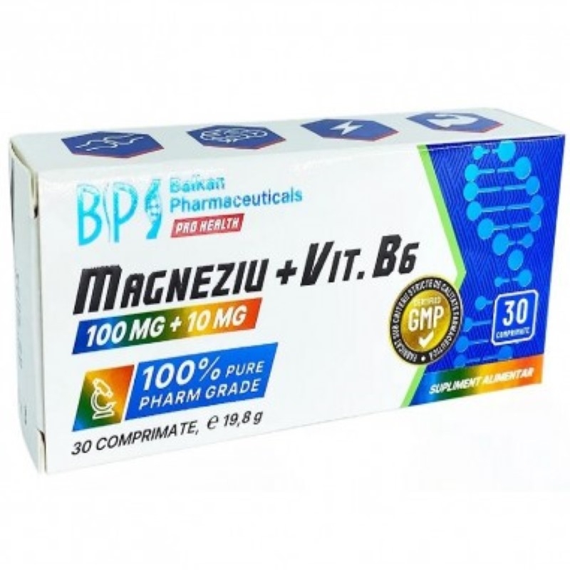 Magneziu 100mg + Vitamina B6 10mg , 30 comprimate, Balkan Pharmaceuticals