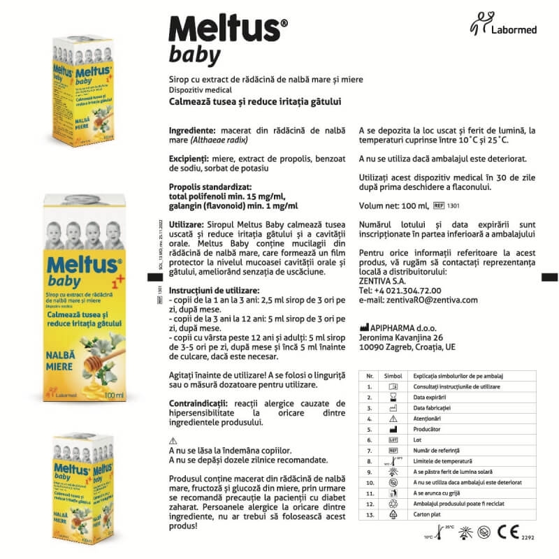 Meltus Baby sirop cu miere, propolis si extract de nalba mare, 100 ml, Labormed