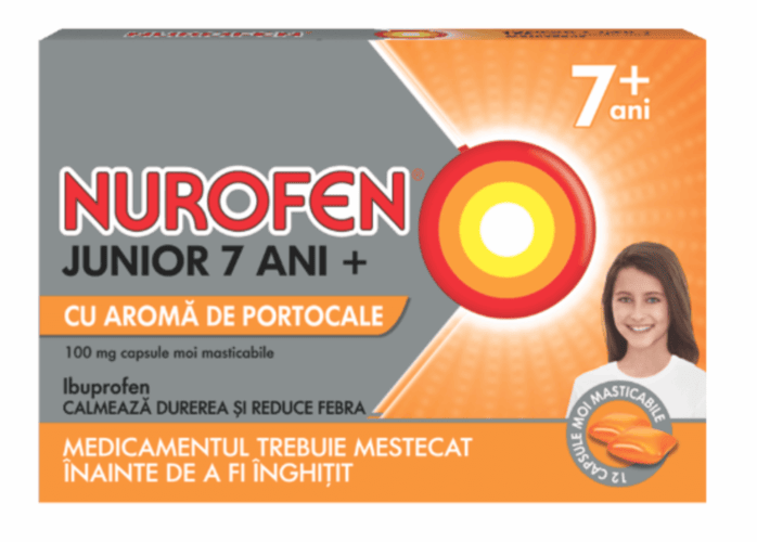 Nurofen Junior 7+ ani cu aroma de portocale, 100 mg, 12 capsule moi masticabile, Reckitt Benckiser