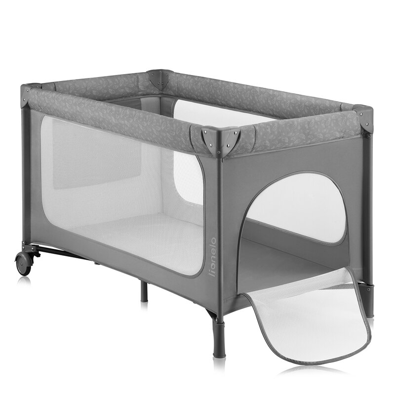 Patut pliant, Lionelo, Jasmin Easy Fold, Pana la 15 kg, Usor de pliat, Cu doua nivele, Cu saltea ergonomica T25, Cu intrare laterala cu fermoar, 2 roti cu frana, 120 x 60 cm, Conform cu EN 716, 0-36 luni, Gri