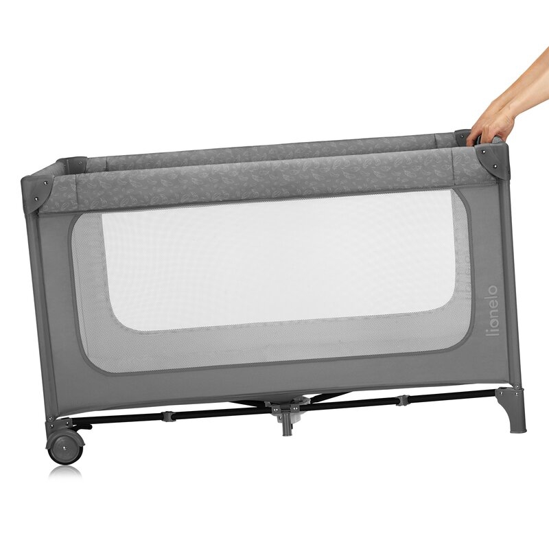 Patut pliant, Lionelo, Jasmin Easy Fold, Pana la 15 kg, Usor de pliat, Cu doua nivele, Cu saltea ergonomica T25, Cu intrare laterala cu fermoar, 2 roti cu frana, 120 x 60 cm, Conform cu EN 716, 0-36 luni, Gri