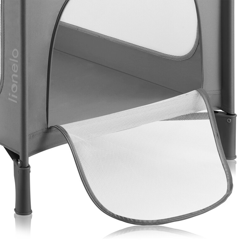 Patut pliant, Lionelo, Jasmin Easy Fold, Pana la 15 kg, Usor de pliat, Cu doua nivele, Cu saltea ergonomica T25, Cu intrare laterala cu fermoar, 2 roti cu frana, 120 x 60 cm, Conform cu EN 716, 0-36 luni, Gri