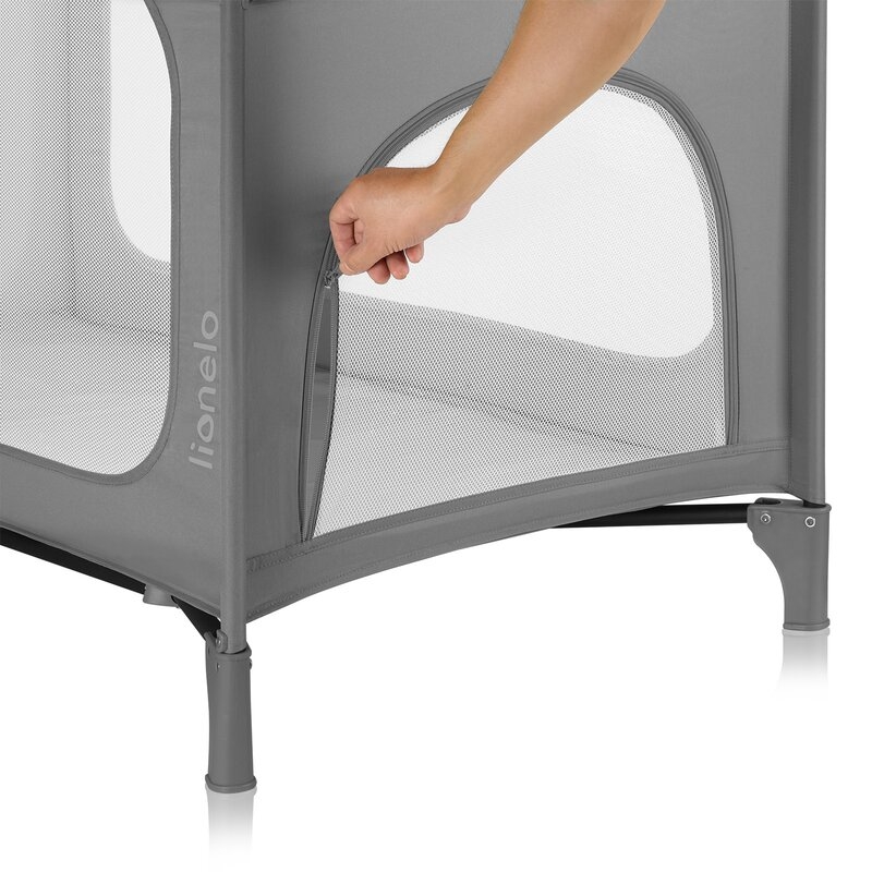 Patut pliant, Lionelo, Jasmin Easy Fold, Pana la 15 kg, Usor de pliat, Cu doua nivele, Cu saltea ergonomica T25, Cu intrare laterala cu fermoar, 2 roti cu frana, 120 x 60 cm, Conform cu EN 716, 0-36 luni, Gri
