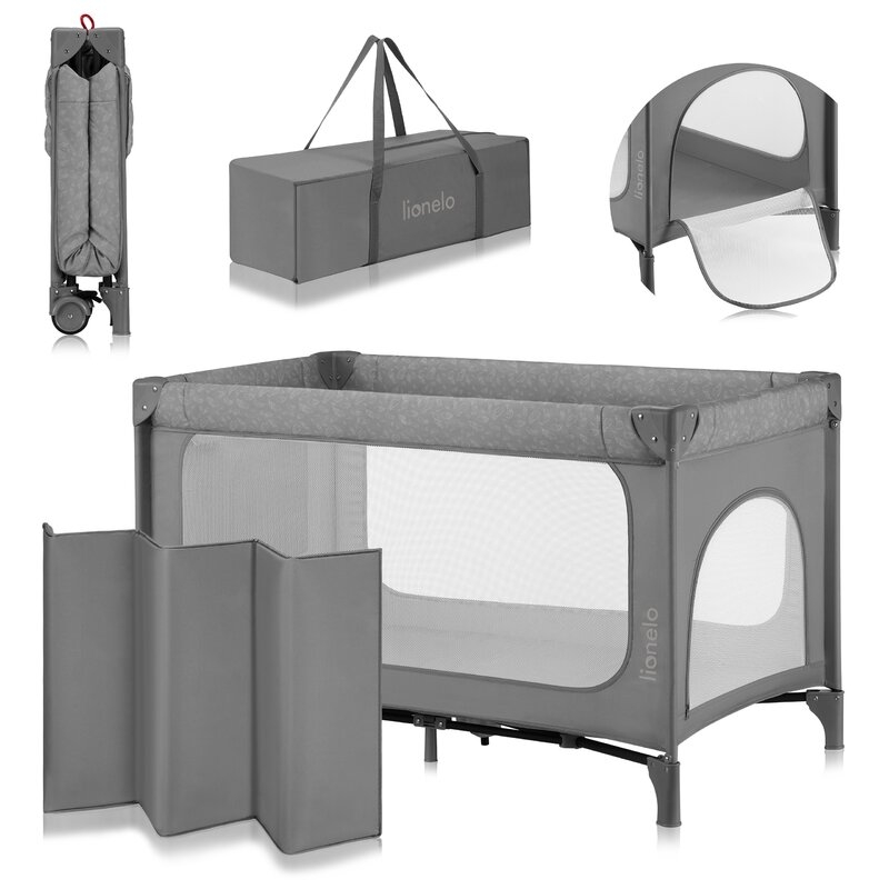 Patut pliant, Lionelo, Jasmin Easy Fold, Pana la 15 kg, Usor de pliat, Cu doua nivele, Cu saltea ergonomica T25, Cu intrare laterala cu fermoar, 2 roti cu frana, 120 x 60 cm, Conform cu EN 716, 0-36 luni, Gri