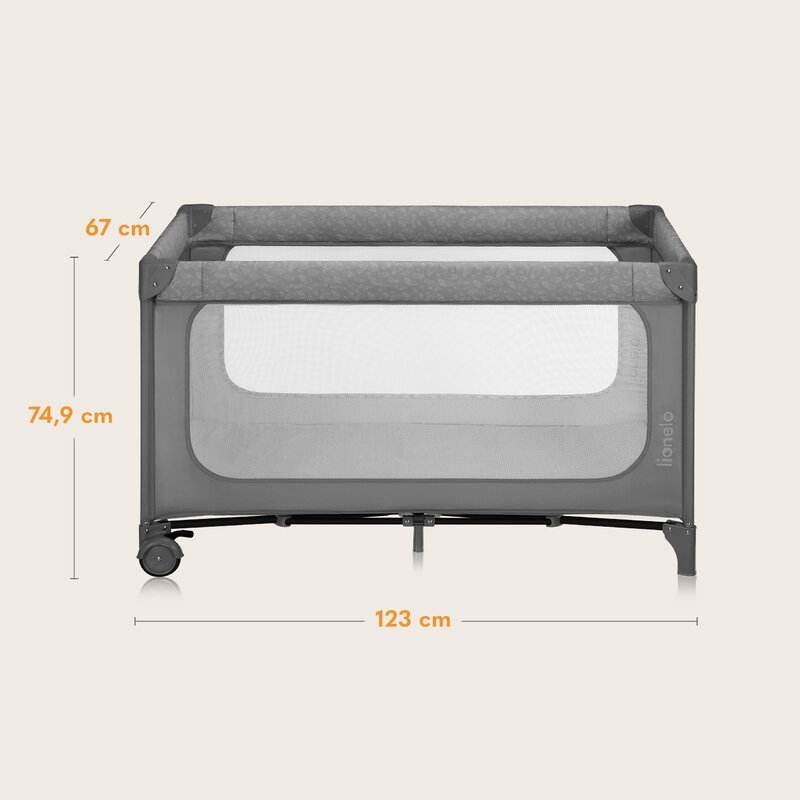 Patut pliant, Lionelo, Jasmin Easy Fold, Pana la 15 kg, Usor de pliat, Cu doua nivele, Cu saltea ergonomica T25, Cu intrare laterala cu fermoar, 2 roti cu frana, 120 x 60 cm, Conform cu EN 716, 0-36 luni, Gri