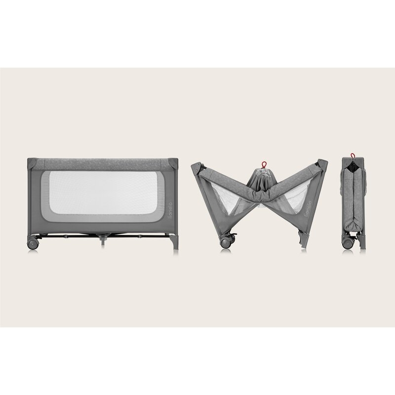 Patut pliant, Lionelo, Jasmin Easy Fold, Pana la 15 kg, Usor de pliat, Cu doua nivele, Cu saltea ergonomica T25, Cu intrare laterala cu fermoar, 2 roti cu frana, 120 x 60 cm, Conform cu EN 716, 0-36 luni, Gri