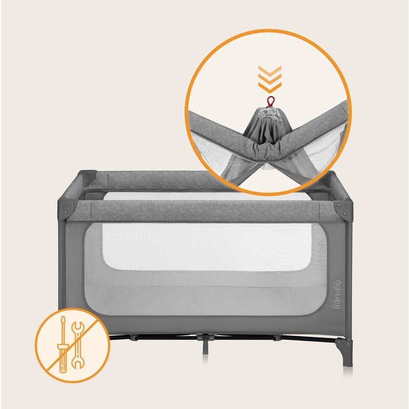 Patut pliant, Lionelo, Jasmin Easy Fold, Pana la 15 kg, Usor de pliat, Cu doua nivele, Cu saltea ergonomica T25, Cu intrare laterala cu fermoar, 2 roti cu frana, 120 x 60 cm, Conform cu EN 716, 0-36 luni, Gri