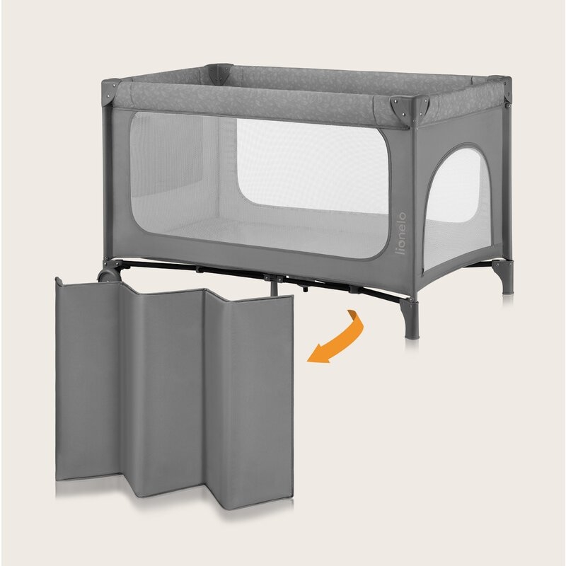 Patut pliant, Lionelo, Jasmin Easy Fold, Pana la 15 kg, Usor de pliat, Cu doua nivele, Cu saltea ergonomica T25, Cu intrare laterala cu fermoar, 2 roti cu frana, 120 x 60 cm, Conform cu EN 716, 0-36 luni, Gri