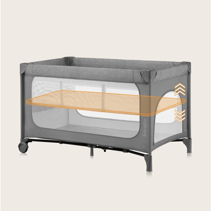 Patut pliant, Lionelo, Jasmin Easy Fold, Pana la 15 kg, Usor de pliat, Cu doua nivele, Cu saltea ergonomica T25, Cu intrare laterala cu fermoar, 2 roti cu frana, 120 x 60 cm, Conform cu EN 716, 0-36 luni, Gri