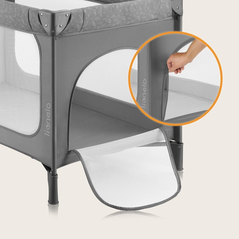 Patut pliant, Lionelo, Jasmin Easy Fold, Pana la 15 kg, Usor de pliat, Cu doua nivele, Cu saltea ergonomica T25, Cu intrare laterala cu fermoar, 2 roti cu frana, 120 x 60 cm, Conform cu EN 716, 0-36 luni, Gri