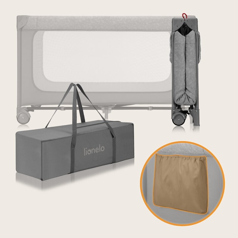 Patut pliant, Lionelo, Jasmin Easy Fold, Pana la 15 kg, Usor de pliat, Cu doua nivele, Cu saltea ergonomica T25, Cu intrare laterala cu fermoar, 2 roti cu frana, 120 x 60 cm, Conform cu EN 716, 0-36 luni, Gri