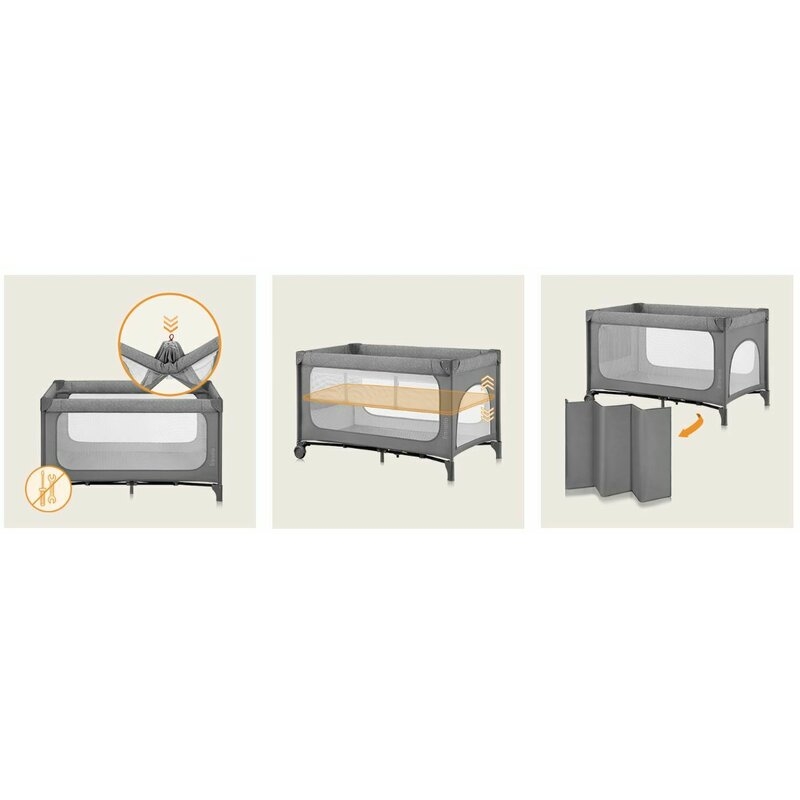 Patut pliant, Lionelo, Jasmin Easy Fold, Pana la 15 kg, Usor de pliat, Cu doua nivele, Cu saltea ergonomica T25, Cu intrare laterala cu fermoar, 2 roti cu frana, 120 x 60 cm, Conform cu EN 716, 0-36 luni, Gri