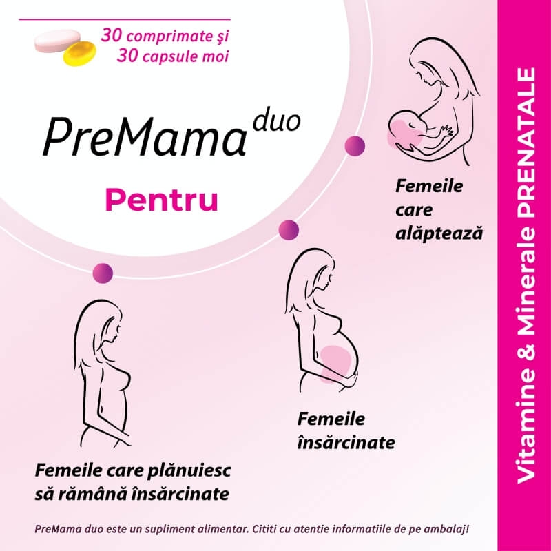 Complex de multivitamine PreMama Duo, 30 comprimate + 30 capsule moi, Alkaloid
