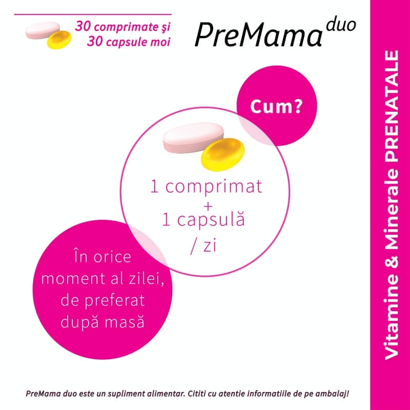 Complex de multivitamine PreMama Duo, 30 comprimate + 30 capsule moi, Alkaloid