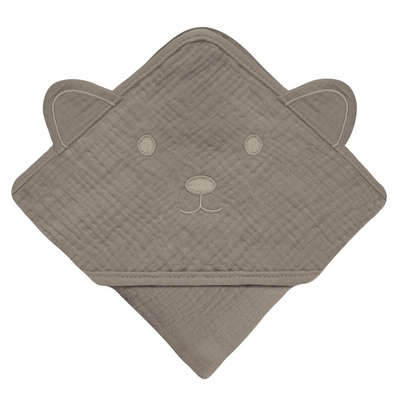 Prosop de baie, Lionelo, Cu gluga, Din muselina, 100% bumbac, 80x80 cm, Absorbtie eficienta, Bej inchis