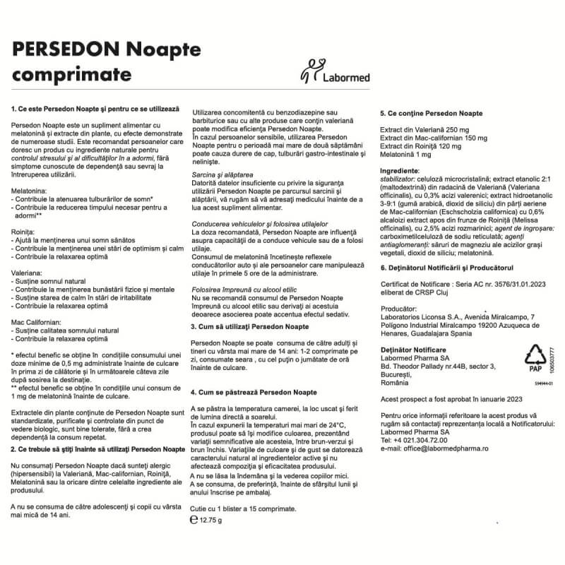 Persedon Noapte, 15 comprimate, Labormed