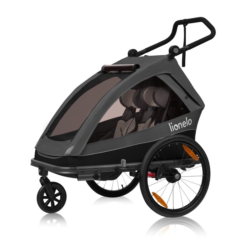 Remorca de bicicleta, Lionelo, Cama, Cu functie de carucior, Pentru 1 sau 2 copii, Cu sistem de absorbtie a socurilor SIQ, Geamuri cu protectie solara, Negru