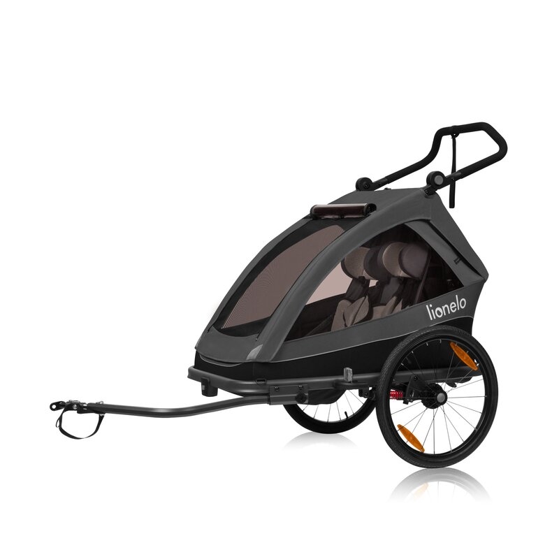Remorca de bicicleta, Lionelo, Cama, Cu functie de carucior, Pentru 1 sau 2 copii, Cu sistem de absorbtie a socurilor SIQ, Geamuri cu protectie solara, Negru
