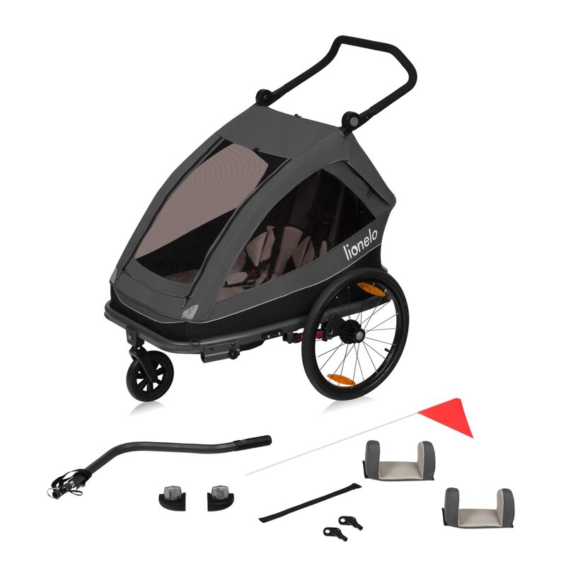 Remorca de bicicleta, Lionelo, Cama, Cu functie de carucior, Pentru 1 sau 2 copii, Cu sistem de absorbtie a socurilor SIQ, Geamuri cu protectie solara, Negru