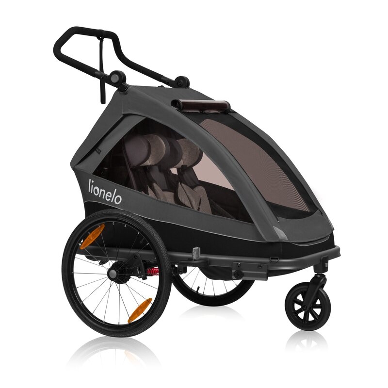 Remorca de bicicleta, Lionelo, Cama, Cu functie de carucior, Pentru 1 sau 2 copii, Cu sistem de absorbtie a socurilor SIQ, Geamuri cu protectie solara, Negru
