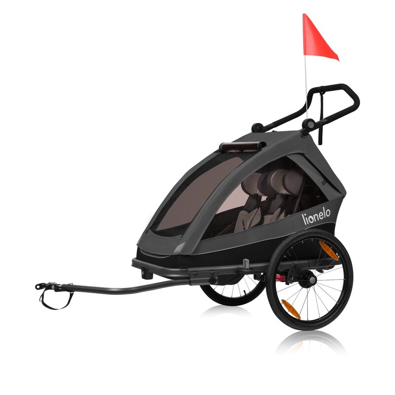 Remorca de bicicleta, Lionelo, Cama, Cu functie de carucior, Pentru 1 sau 2 copii, Cu sistem de absorbtie a socurilor SIQ, Geamuri cu protectie solara, Negru