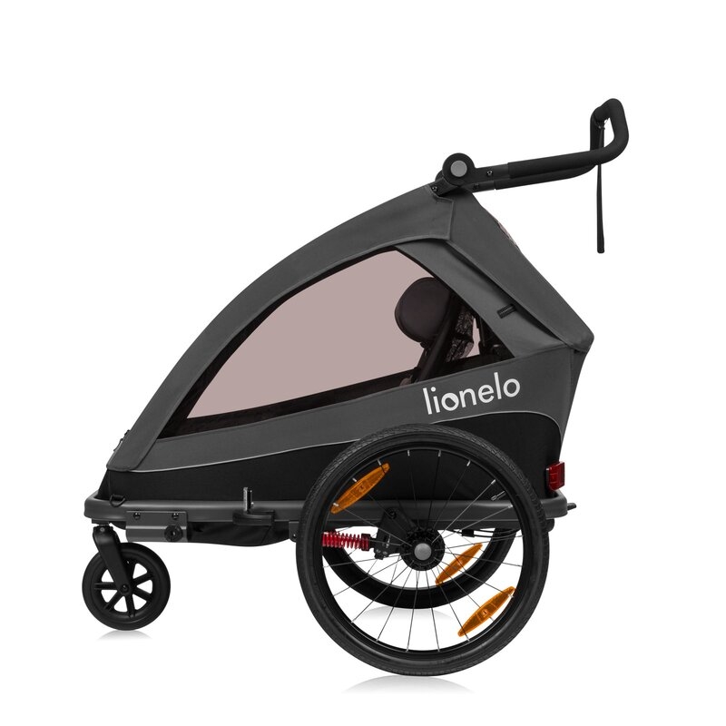 Remorca de bicicleta, Lionelo, Cama, Cu functie de carucior, Pentru 1 sau 2 copii, Cu sistem de absorbtie a socurilor SIQ, Geamuri cu protectie solara, Negru