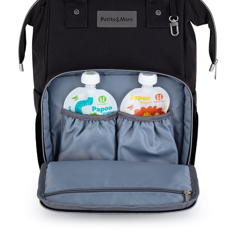 Rucsac pentru mamici, Petite&Mars, Jack, Cu 11 compartimente, Cu buzunare termice, Saltea de infasat inclusa, 30 x 42 x 15 cm, Misty Green