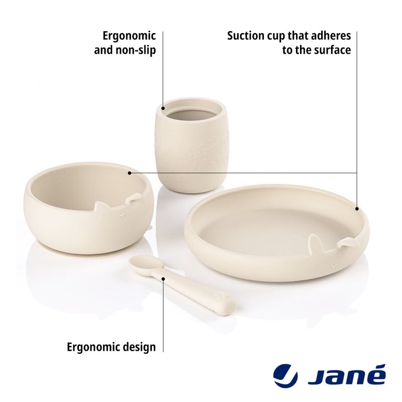 Set complet de masa, Jane, Din silicon, Cu 4 piese, Farfurie, Bol, Lingurita si pahar, BPA free, Sand