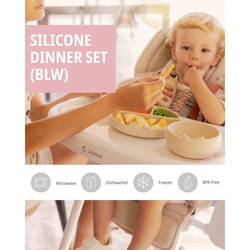 Set complet de masa, Jane, Din silicon, Cu 4 piese, Farfurie, Bol, Lingurita si pahar, BPA free, Sand